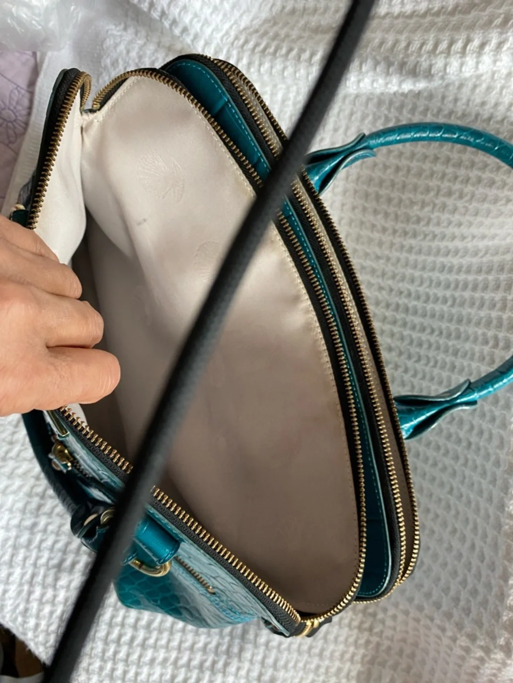Modalu Teal Leather Croc-Embossed Satchel with Gold Hardware
